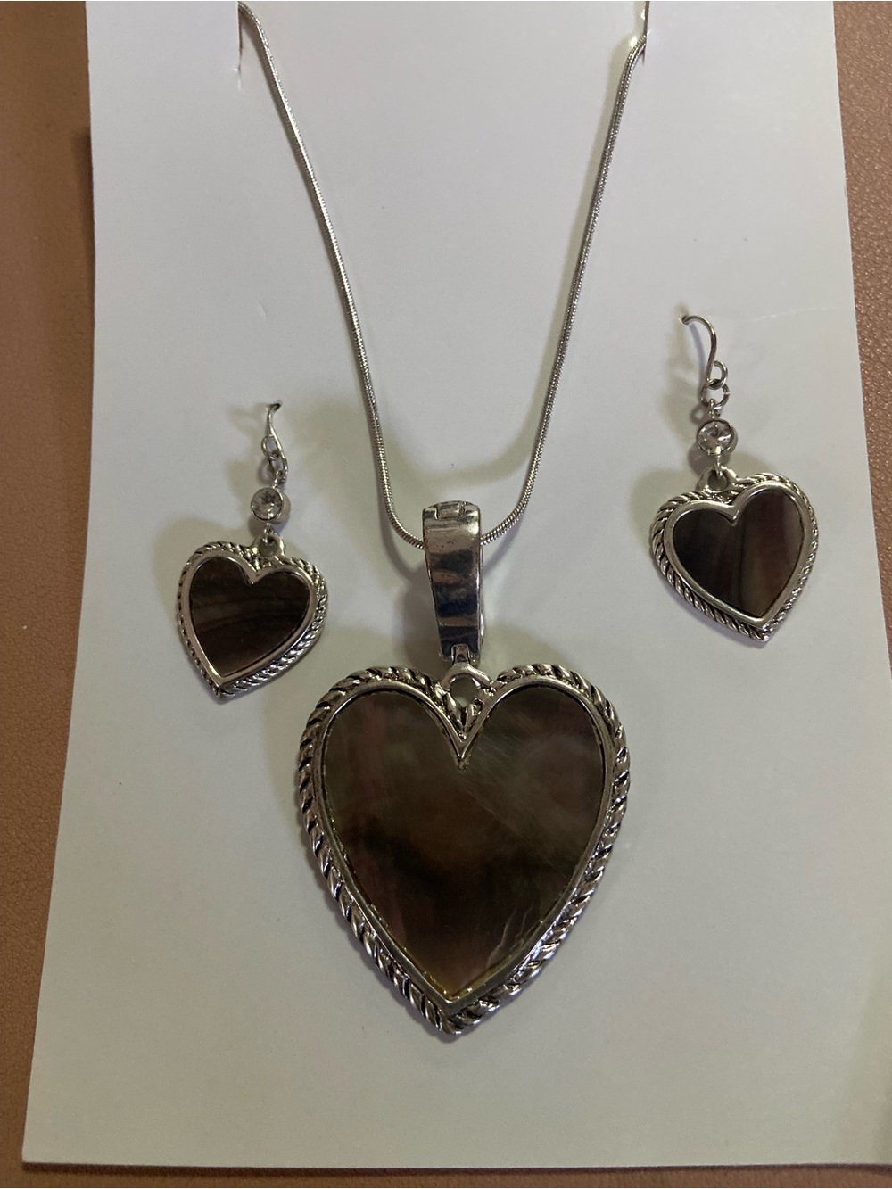 Silver-Tone Heart Pendant Necklace and Earrings Set with Brown Shell Inlay
